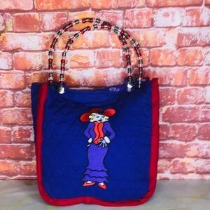 Red Hat Lady Quilted Royal Purple and Res Quilted Beaded Handle Tote